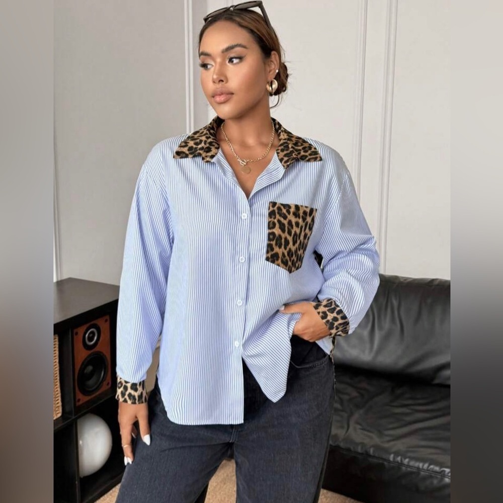 New Boutique Stripes contrast animal print tailored button down plus size 🌸 j